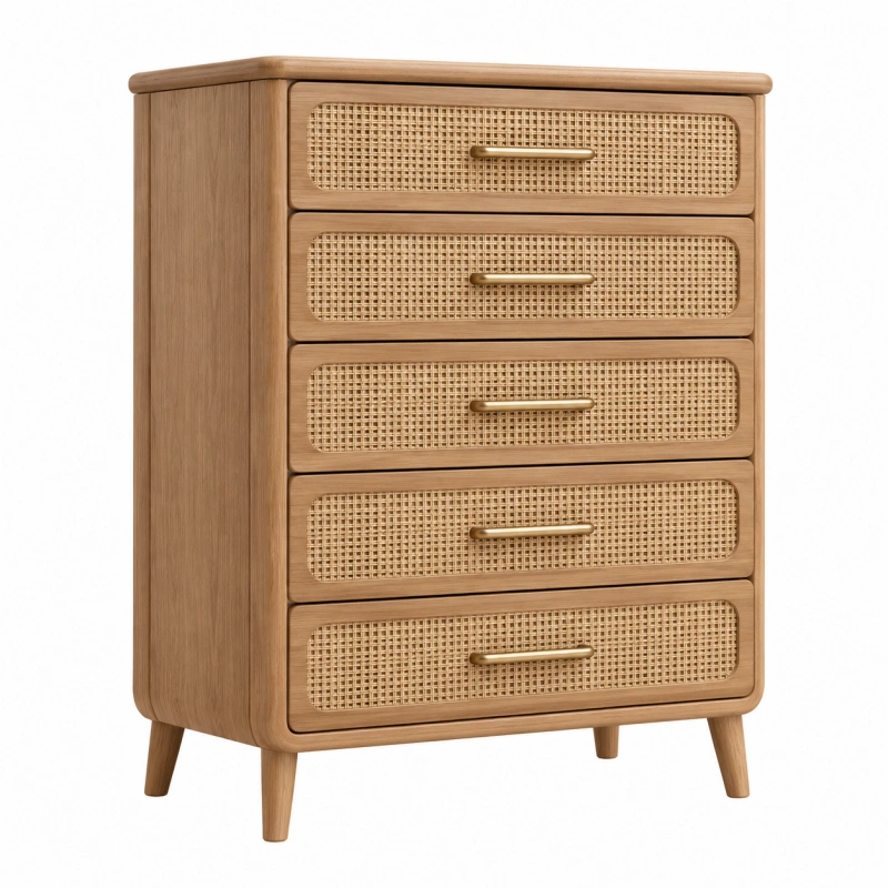 Cassettiera 80 x 40 x 120 cm in legno marrone con 5 cassetti in rattan - stile naturale
