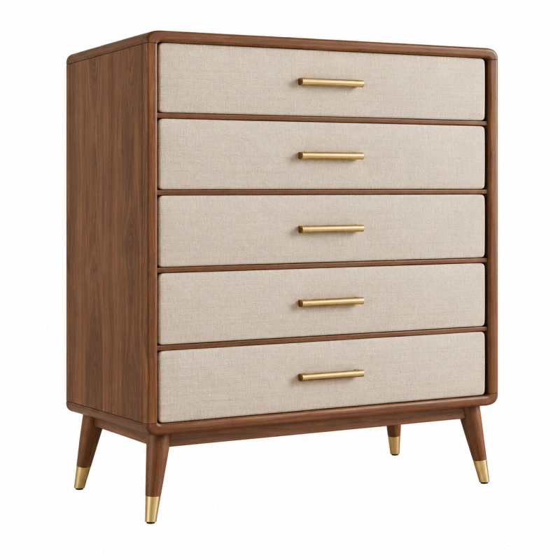 Cassettiera 90 x 45 x 110 cm in legno marrone con 5 cassetti in tessuto stile moderno