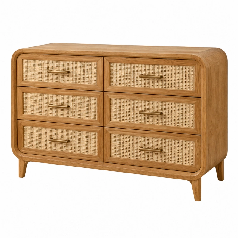 Cassettiera 120 x 45 x 85 cm in legno marrone con 6 cassetti in rattan stile retrò