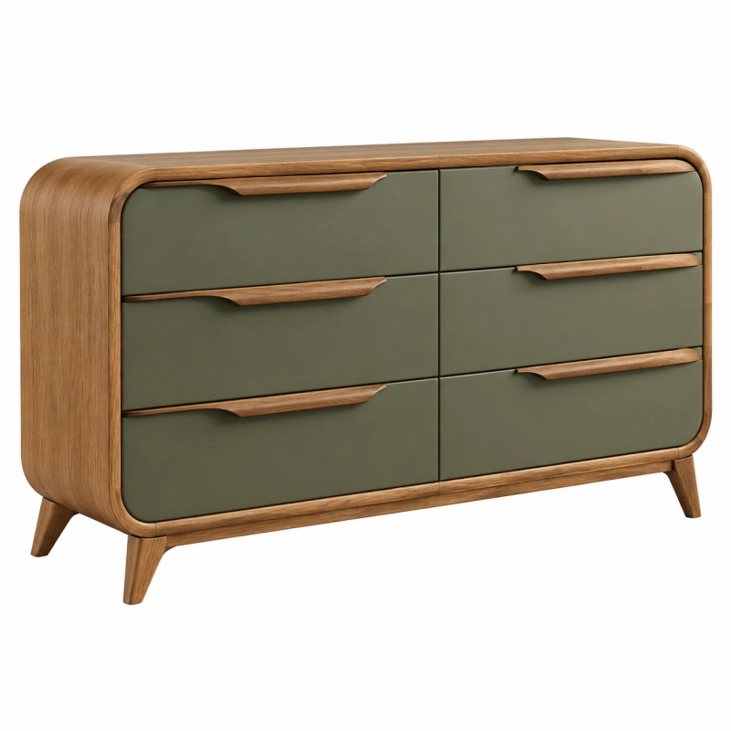 Cassettiera 120 x 45 x 80 cm in legno marrone e verde salvia con sei cassetti stile retrò