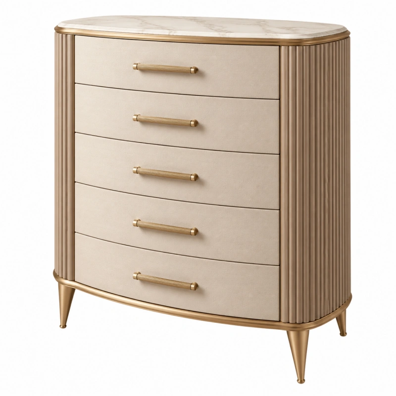 Cassettiera 90 x 45 x 110 cm beige e oro con 5 cassetti - piano effetto marmo stile moderno