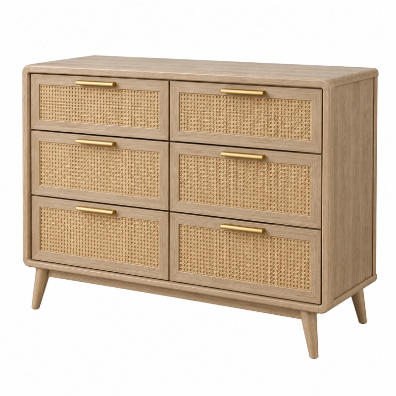 Cassettiera 140 x 45 x 85 cm in legno naturale e rattan con 6 cassetti stile moderno