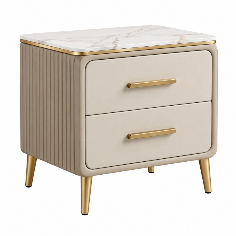 Comodino 50 x 40 x 55 cm beige con due cassetti piano effetto marmo stile moderno