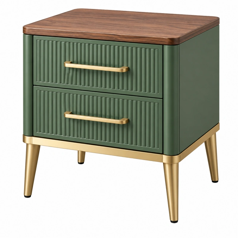 Comodino 50 x 40 x 60 cm verde e noce con 2 cassetti in legno e metallo stile moderno