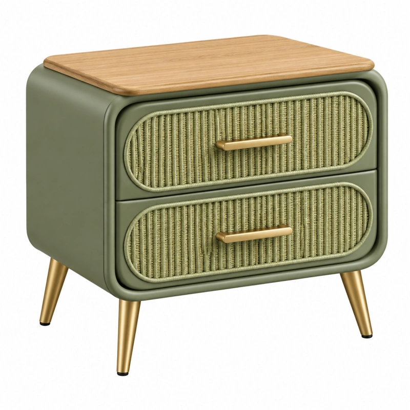 Comodino 50 x 40 x 55 cm verde con piano in legno e due cassetti stile retrò