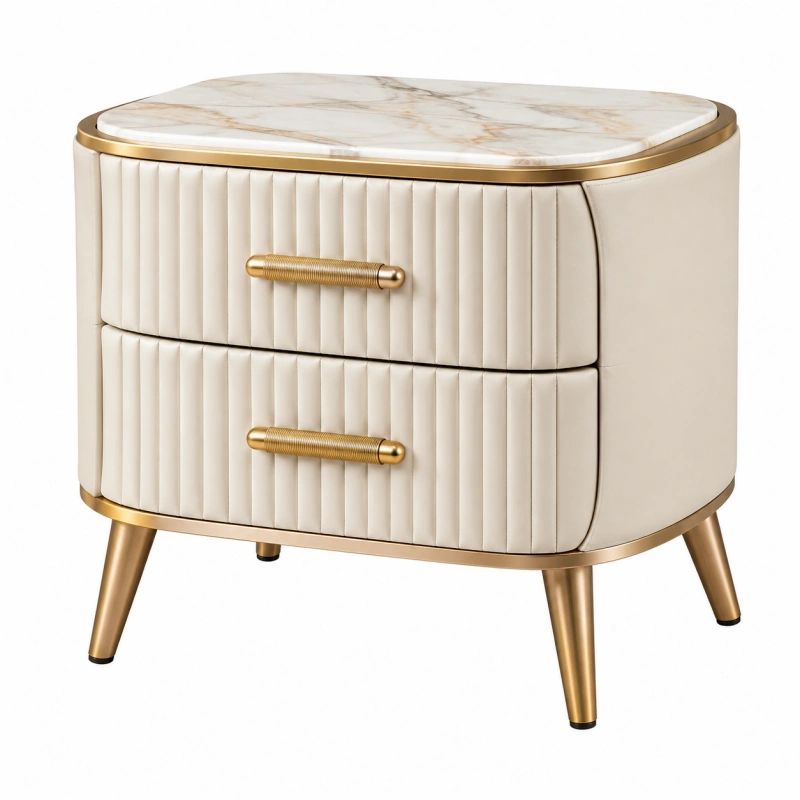 Comodino ovale 60 x 45 x 60 cm in similpelle avorio con piano effetto marmo stile moderno