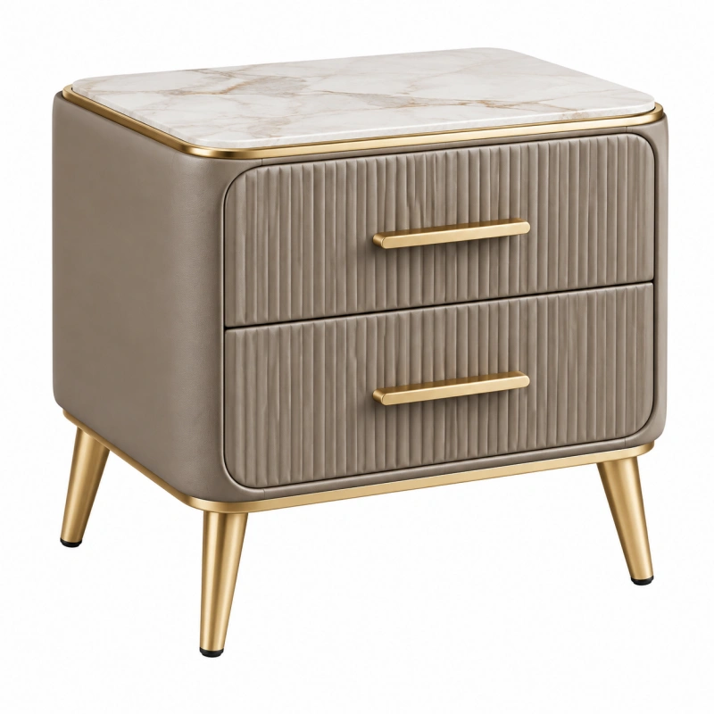 Comodino 50 x 45 x 55 cm rivestimento sintetico beige con piano effetto marmo e due cassetti
