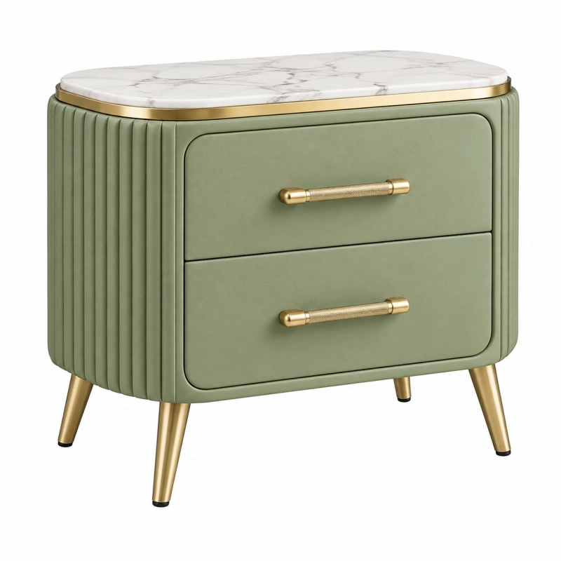 Comodino 60 x 40 x 60 cm verde in similpelle con piano effetto marmo e 2 cassetti stile moderno