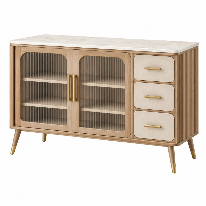Credenza 140 x 40 x 85 cm in legno beige con vetro scanalato e cassetti stile moderno