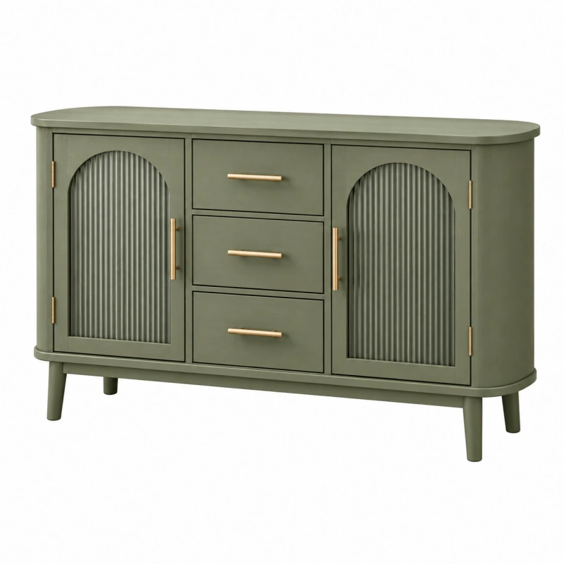 Credenza 140 x 40 x 85 cm in legno verde oliva con ante scanalate e cassetti
