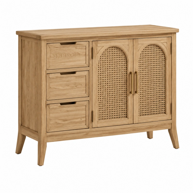 Credenza 120 x 40 x 90 cm in legno naturale e rattan - stile vintage con 3 cassetti e 2 ante