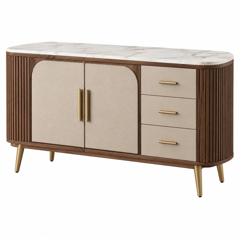 Credenza 160 cm in legno marrone beige con piano effetto marmo e cassetti