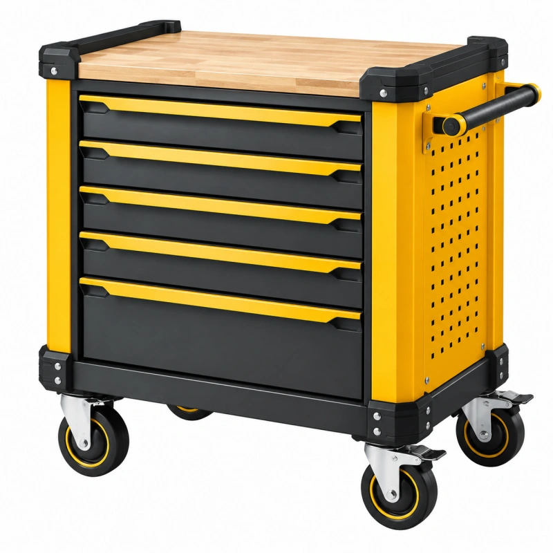 Carrello portautensili 77 x 46 x 96 cm in acciaio giallo e nero con 6 cassetti e piano in legno