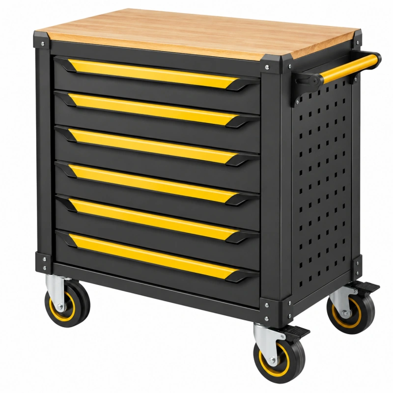 Cassettiera portautensili 77 x 46 x 97 cm in acciaio nero e giallo con piano in legno e ruote