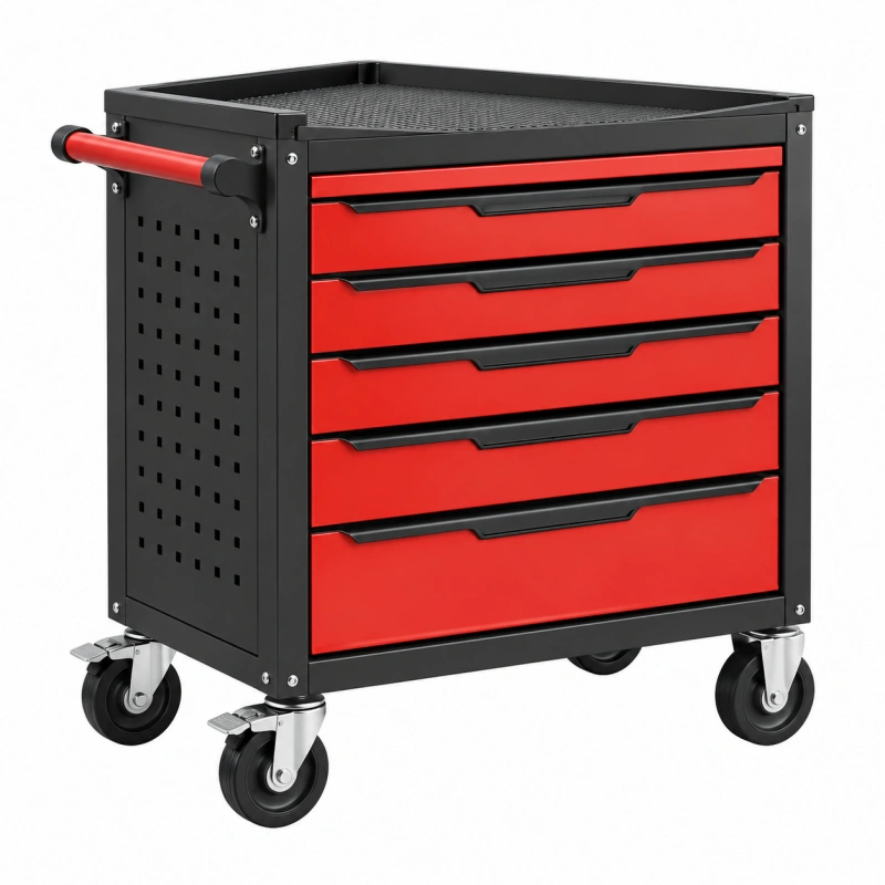 Carrello portautensili 70 x 40 x 85 cm in acciaio nero e rosso con 5 cassetti e ruote