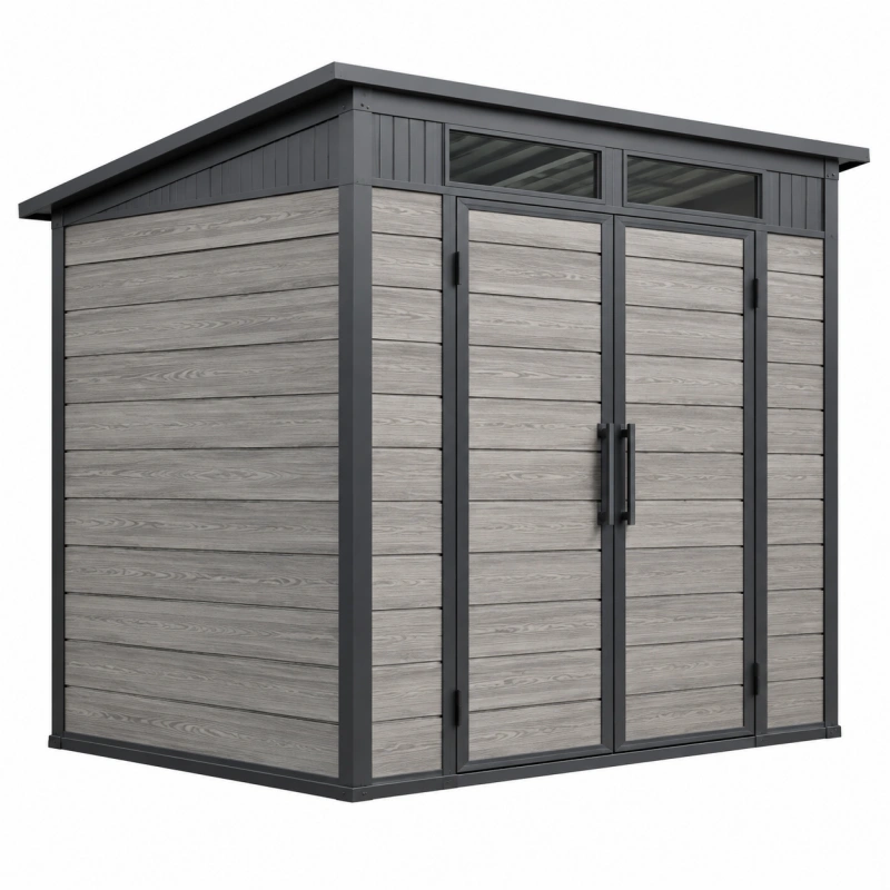 Casetta da giardino 180 x 120 x 200 cm in pannelli compositi grigio effetto legno con struttura nera e doppia porta