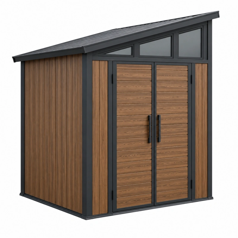 Casetta da giardino 200 x 120 x 220 cm in legno marrone e metallo nero con doppia porta in stile moderno