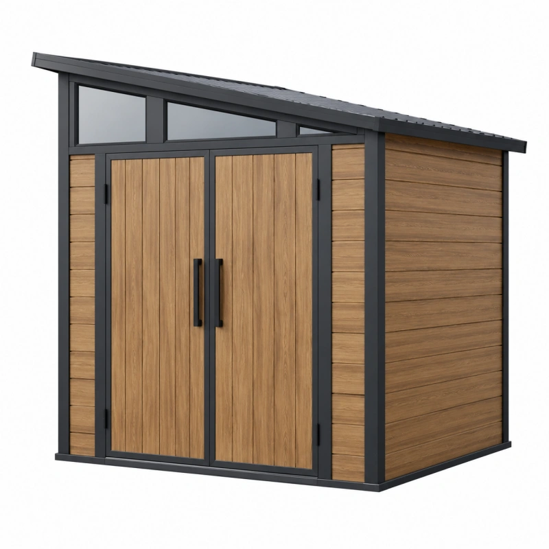 Casetta da giardino 200x150x200 cm effetto legno marrone con struttura nera e doppia porta