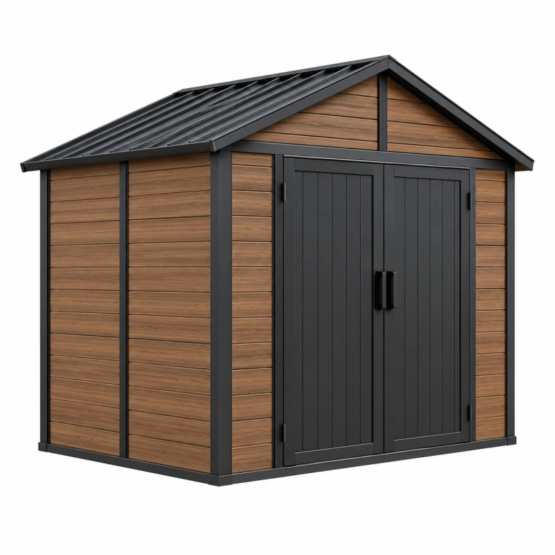 Casetta da giardino 213 x 131 x 192 cm in metallo e pannelli effetto legno marrone nero con doppia porta