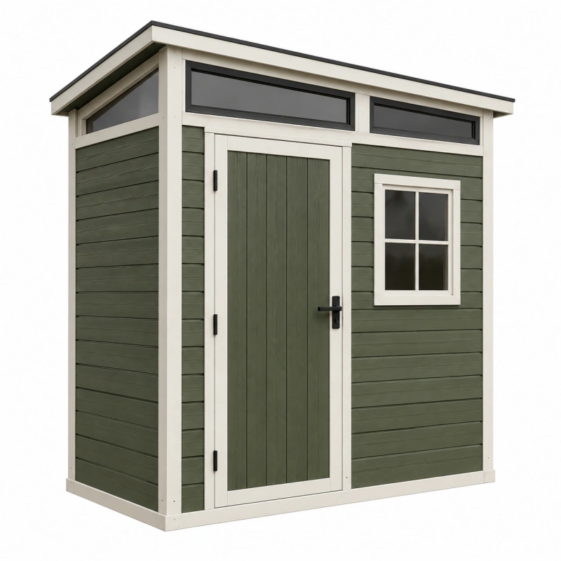 Casetta da giardino 180 x 120 x 210 cm in resina verde effetto legno con porta e finestra