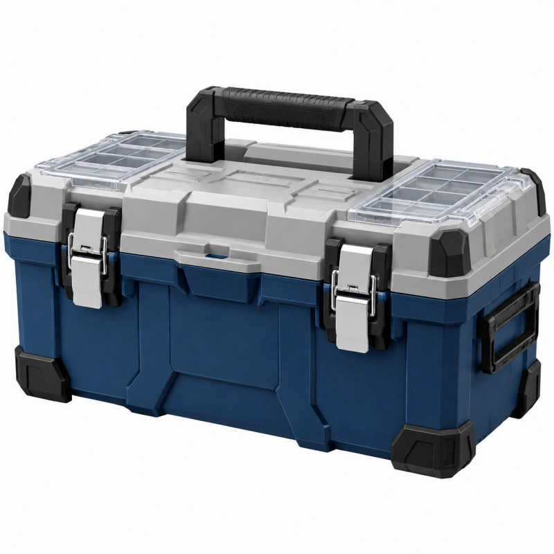 Cassetta portautensili 55 cm in plastica blu e grigia con scomparti trasparenti e maniglia
