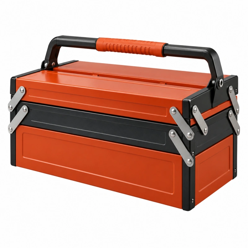 Cassetta portautensili 50 x 25 x 25 cm in acciaio arancione e nero con maniglia pieghevole