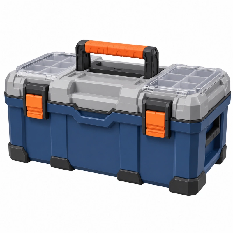 Cassetta portautensili 50 x 25 x 25 cm in plastica blu grigia con organizer e maniglia
