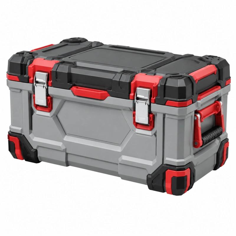 Cassetta portautensili 60 x 35 x 32 cm in plastica grigio nero rosso con maniglia e chiusure metalliche