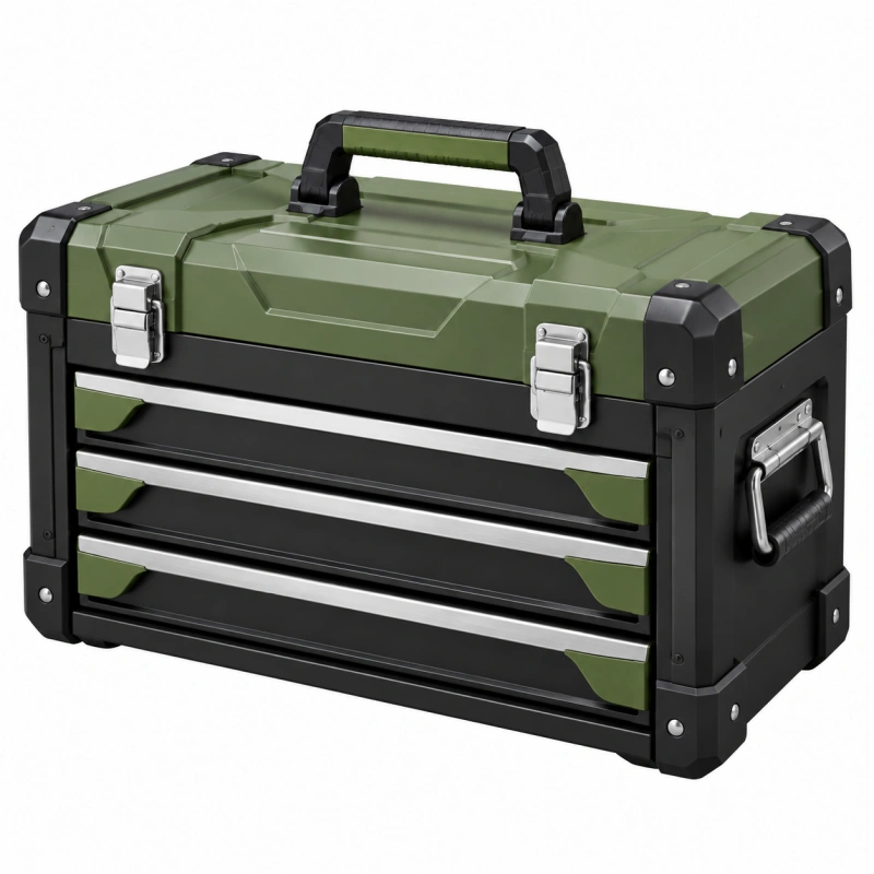 Cassetta portautensili 50 x 25 x 30 cm verde e nero in plastica con 3 cassetti e maniglia
